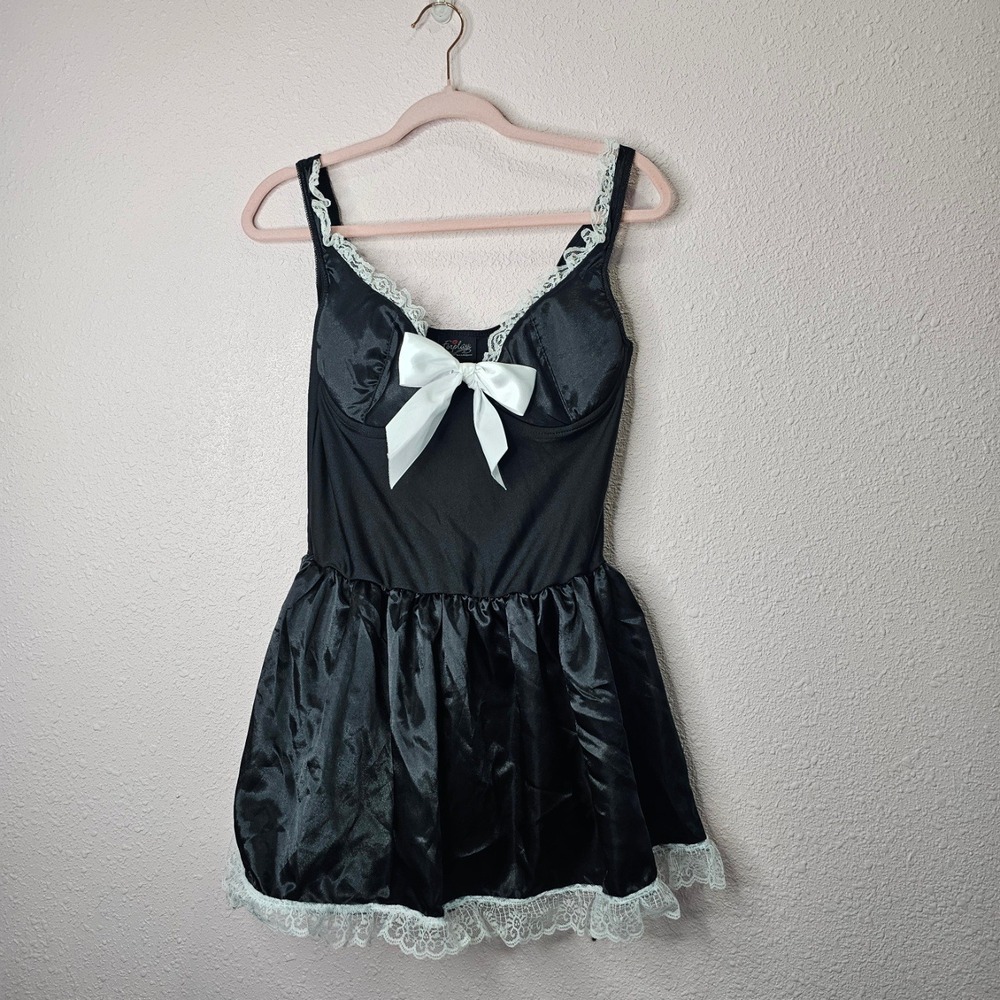 Forplay Black Satin French Maid Mini Dress White Lace Bow Costume Womens Sz‎ M/L